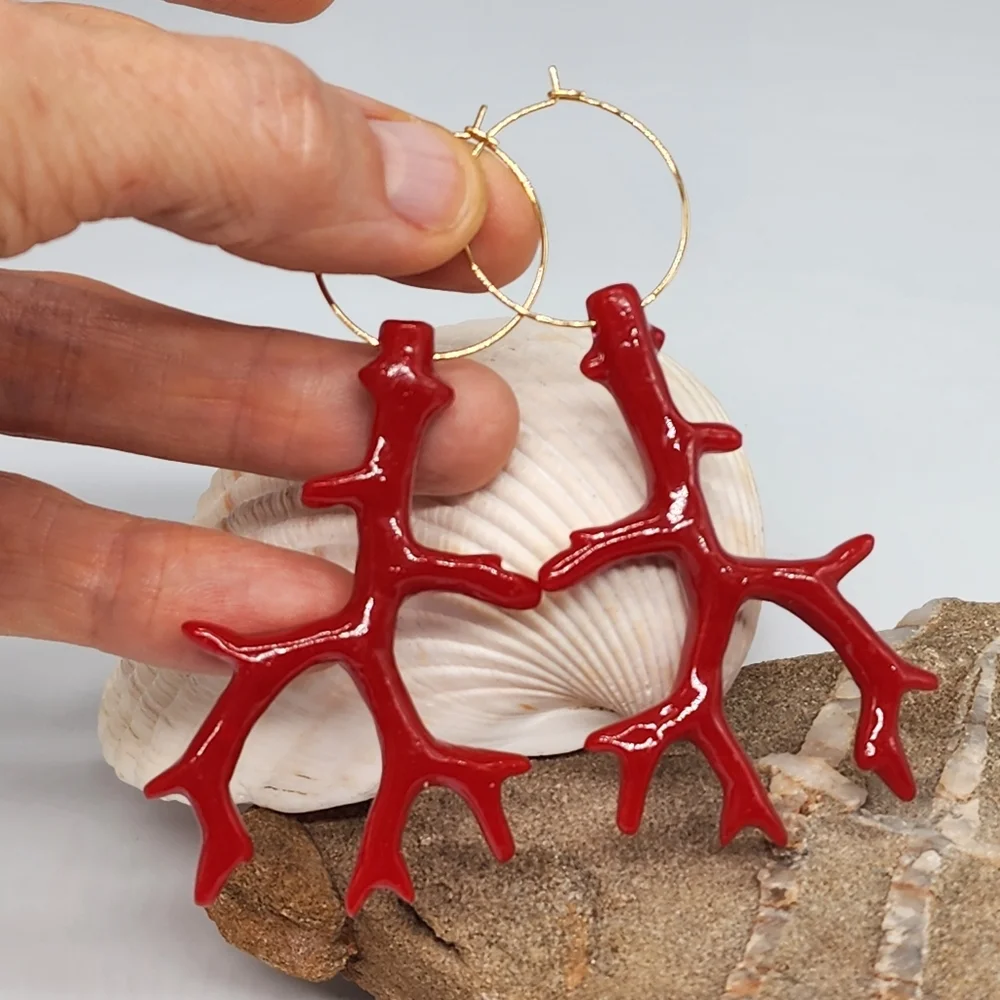 Anthro 14kt Gold plated Hoop Earrings/Studs Red Coral Branch